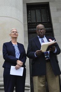 Mary Martin, Socialist Workers Party candidate for governor, and Osborne Hart, its vice presidential nominee, held a press conference Tuesday, July 5, 2016, in Olympia to announce the party will be on the Washington presidential ballot in November. (Jim Camden / The Spokesman-Review)