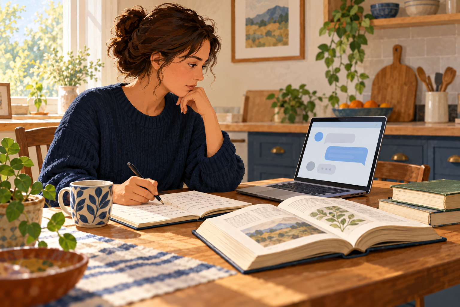 Editorial illustration of a woman checking a chatbot response against books and handwritten notes.