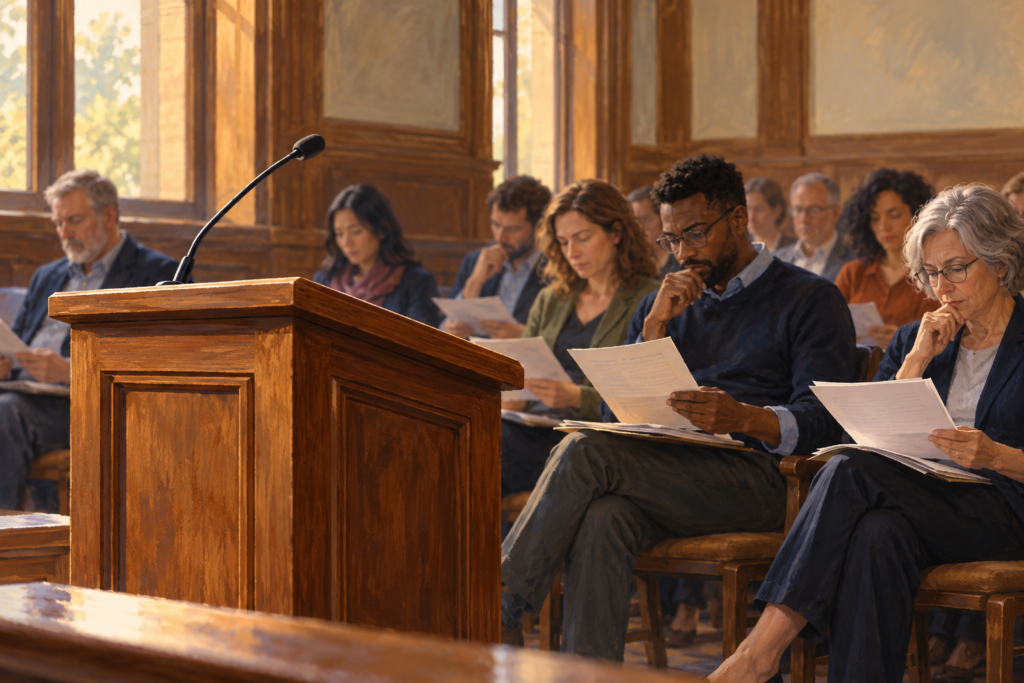 Editorial illustration of citizens reading documents beside an empty public-hearing lectern.