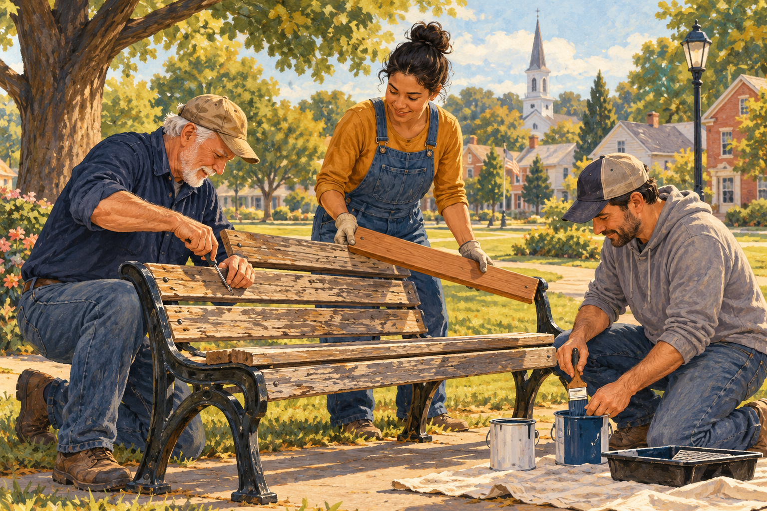 Editorial illustration of neighbors working together to repair a park bench.