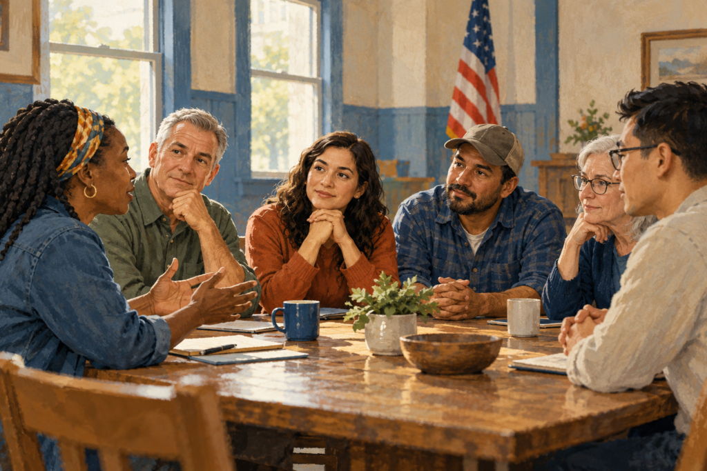 Editorial illustration of neighbors listening to one another around a community table.